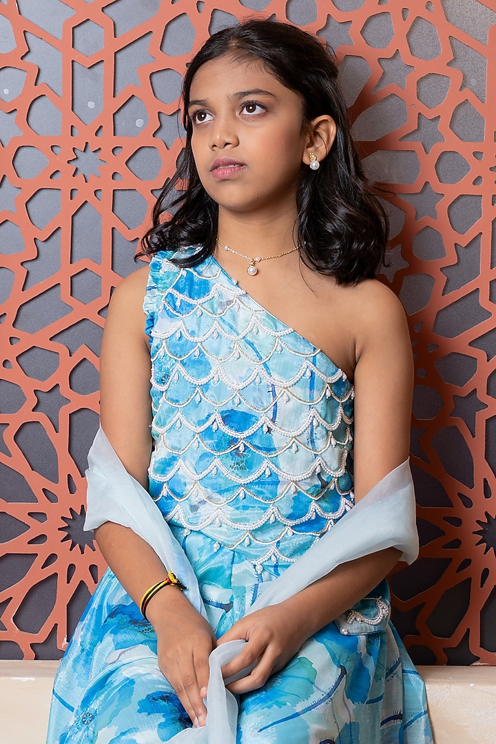 Ocean Blue Chinon Crepe Floral Printed Sharara Set For Girls by Kirti Agarwal Pret n Couture at Pernia's Pop Up Shop