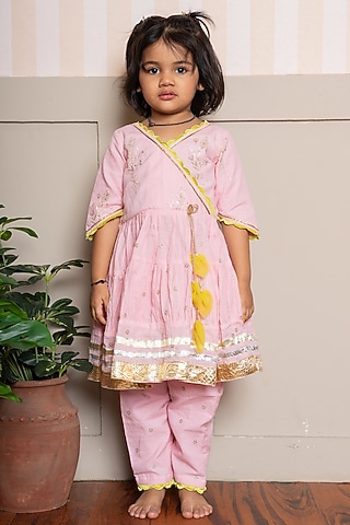 Pink Chanderi Cotton Floral Embroidered Kurta Set For Girls by Kirti Agarwal Pret n Couture