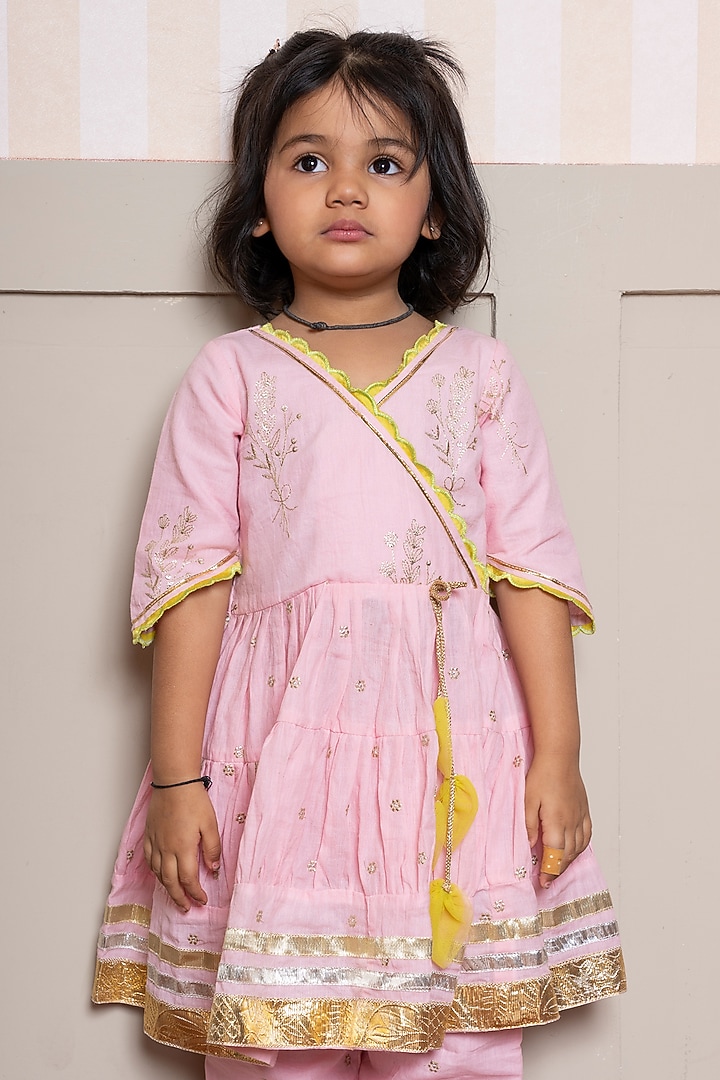 Pink Chanderi Cotton Floral Embroidered Kurta Set For Girls by Kirti Agarwal Pret n Couture at Pernia's Pop Up Shop
