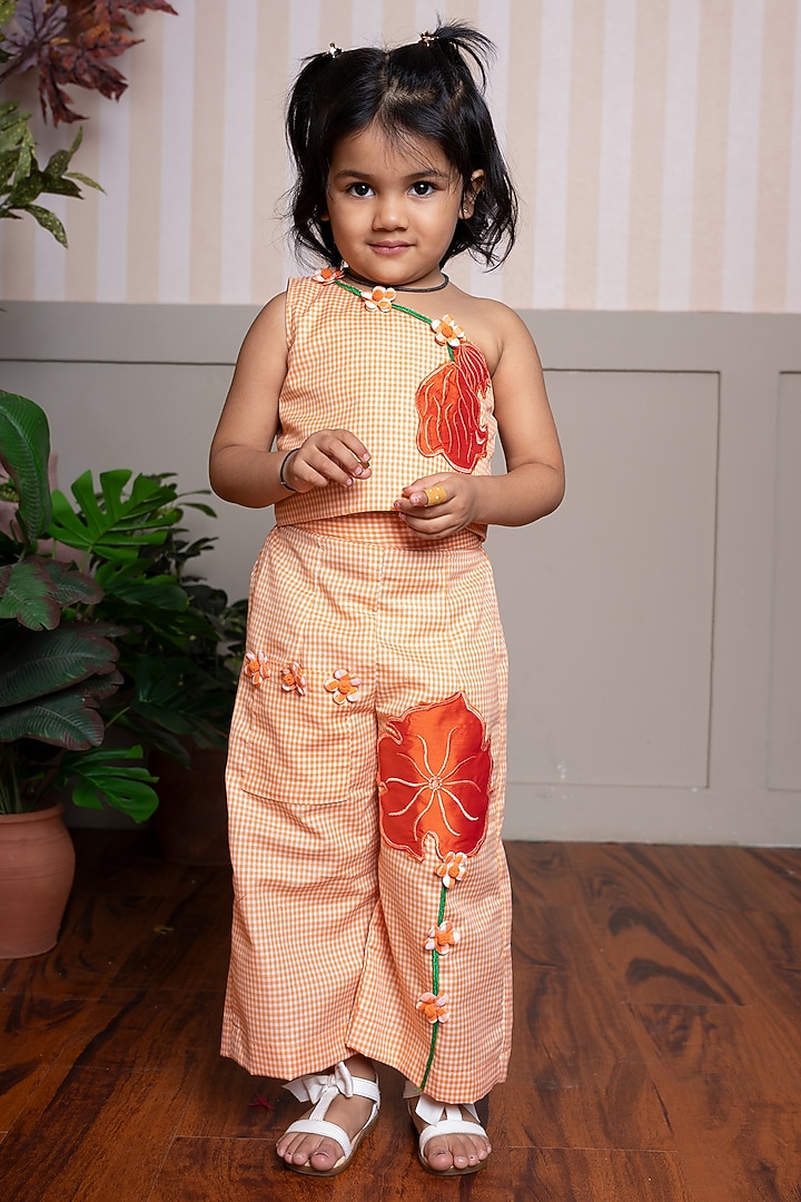 Orange Pure Cotton Embellished Co-Ord Set For Girls by Kirti Agarwal Pret n Couture at Pernia's Pop Up Shop
