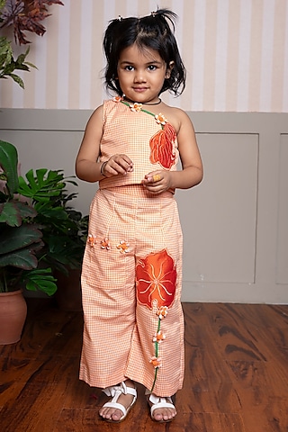 Orange Pure Cotton Embellished Co-Ord Set For Girls by Kirti Agarwal Pret n Couture