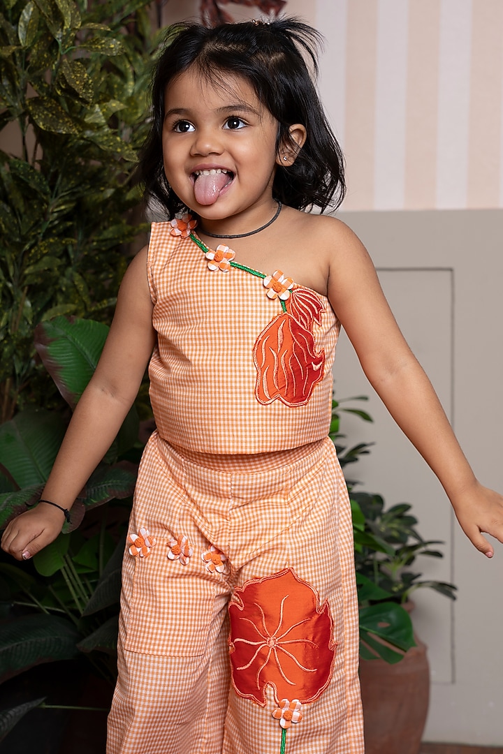 Orange Pure Cotton Embellished Co-Ord Set For Girls by Kirti Agarwal Pret n Couture at Pernia's Pop Up Shop