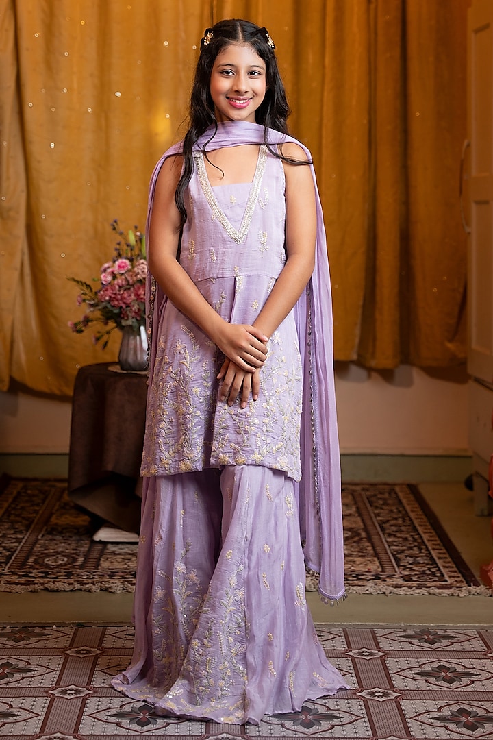Lilac Mul Chanderi & Chiffon Embroidered Sharara Set For Girls by Kirti Agarwal Pret n Couture at Pernia's Pop Up Shop