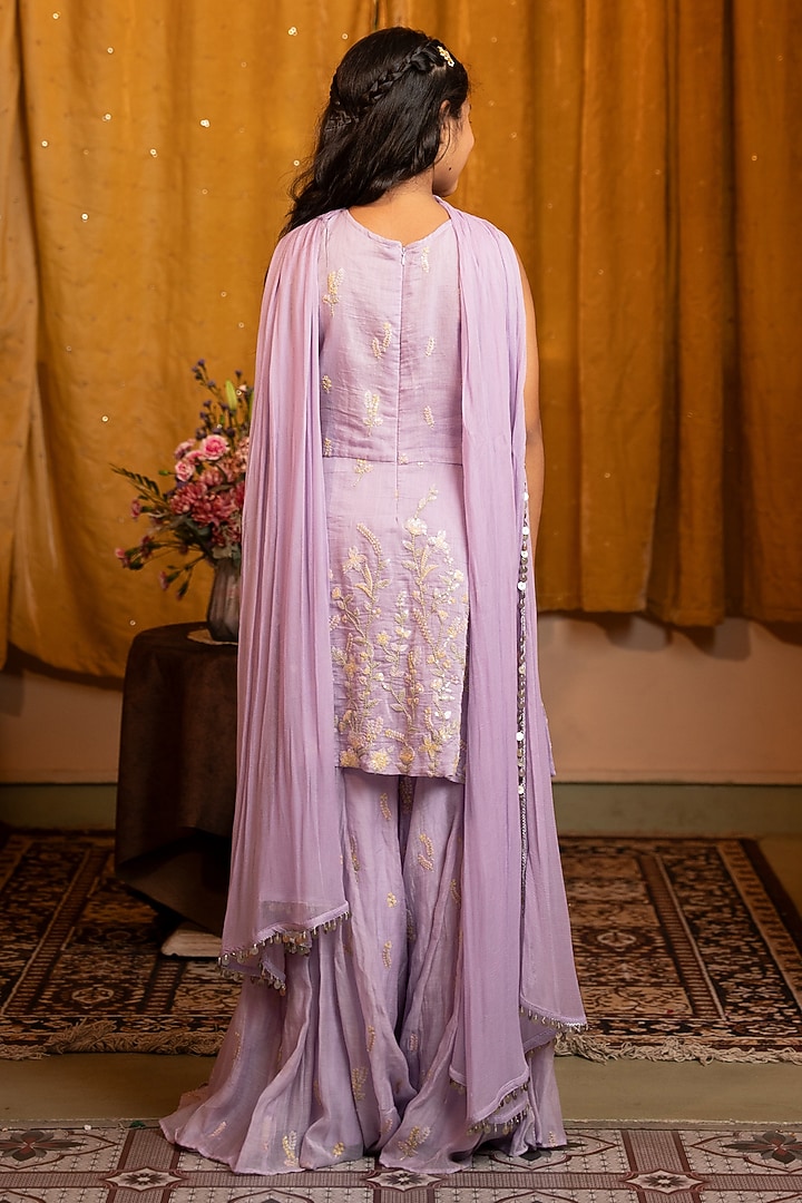 Lilac Mul Chanderi & Chiffon Embroidered Sharara Set For Girls by Kirti Agarwal Pret n Couture at Pernia's Pop Up Shop