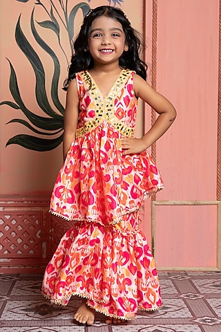 Pink & Peach Modal Satin Printed Sharara Set For Girls by Kirti Agarwal Pret n Couture