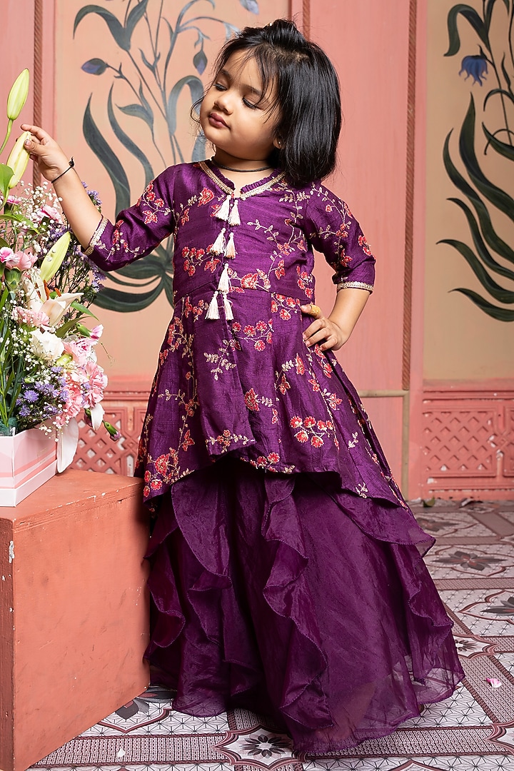 Purple Crinkled Net & Organza Lehenga Set For Girls by Kirti Agarwal Pret n Couture at Pernia's Pop Up Shop