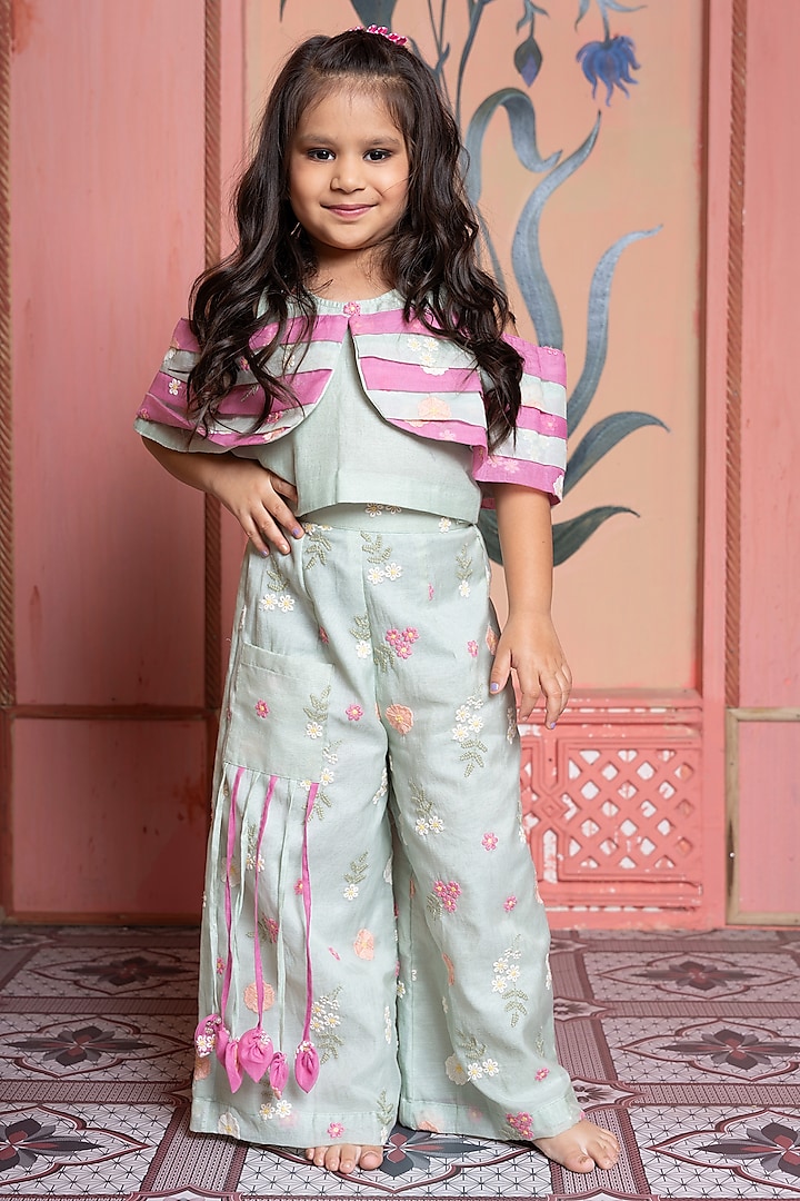 Mint Green & Pink Chanderi Silk Co-Ord Set For Girls by Kirti Agarwal Pret n Couture at Pernia's Pop Up Shop