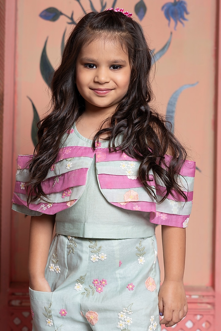 Mint Green & Pink Chanderi Silk Co-Ord Set For Girls by Kirti Agarwal Pret n Couture at Pernia's Pop Up Shop