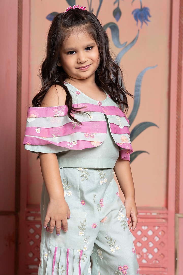 Mint Green & Pink Chanderi Silk Co-Ord Set For Girls by Kirti Agarwal Pret n Couture at Pernia's Pop Up Shop