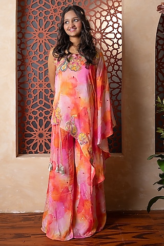 Multi-Colored Satin Organza Crepe Printed & Organza Sharara Set For Girls by Kirti Agarwal Pret n Couture