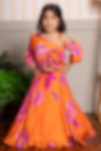 Vibrant Orange Organza Satin Printed Lehenga Set For Girls by Kirti Agarwal Pret n Couture at Pernia's Pop Up Shop