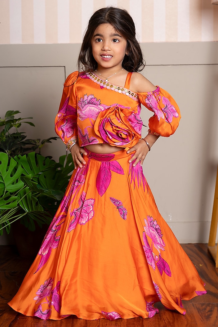 Vibrant Orange Organza Satin Printed Lehenga Set For Girls by Kirti Agarwal Pret n Couture at Pernia's Pop Up Shop