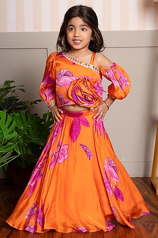 Vibrant Orange Organza Satin Printed Lehenga Set For Girls by Kirti Agarwal Pret n Couture