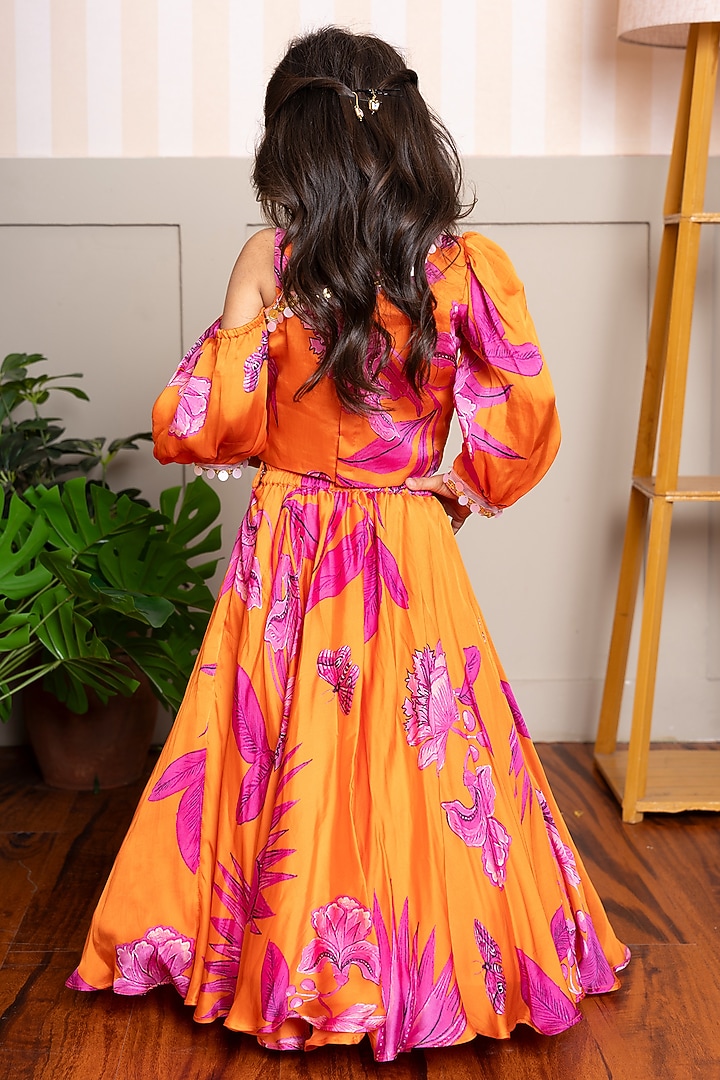 Vibrant Orange Organza Satin Printed Lehenga Set For Girls by Kirti Agarwal Pret n Couture at Pernia's Pop Up Shop
