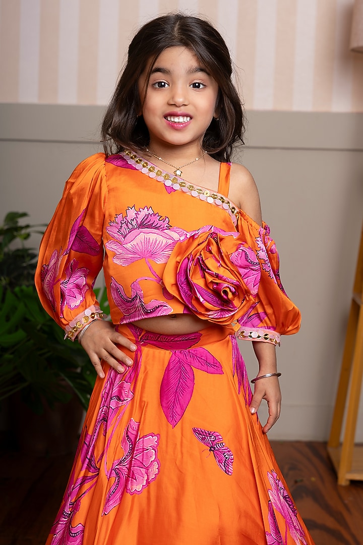 Vibrant Orange Organza Satin Printed Lehenga Set For Girls by Kirti Agarwal Pret n Couture at Pernia's Pop Up Shop