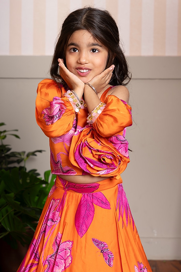 Vibrant Orange Organza Satin Printed Lehenga Set For Girls by Kirti Agarwal Pret n Couture at Pernia's Pop Up Shop