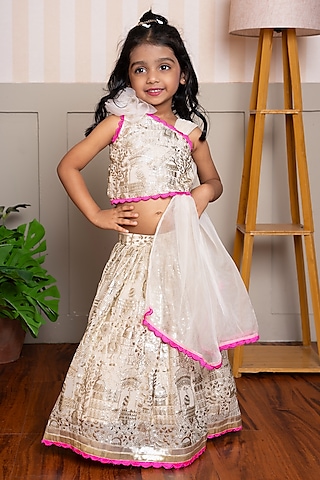 Cream & Pink Georgette Embroidered Flared Lehenga Set For Girls by Kirti Agarwal Pret n Couture