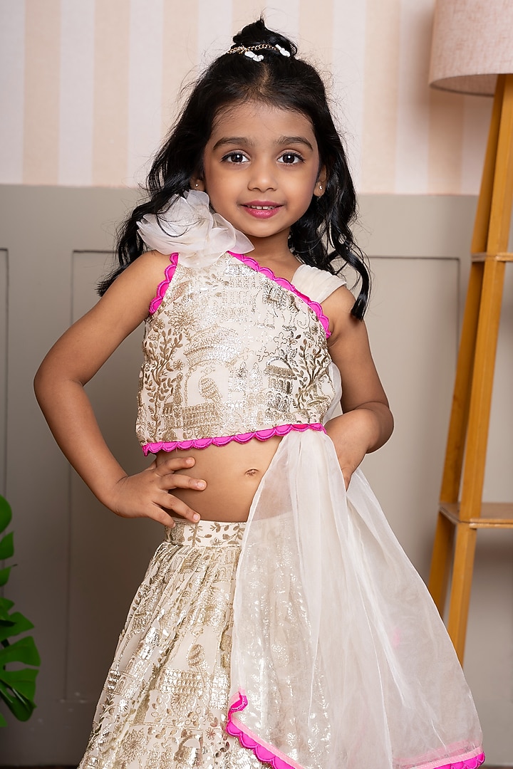 Cream & Pink Georgette Embroidered Flared Lehenga Set For Girls by Kirti Agarwal Pret n Couture at Pernia's Pop Up Shop