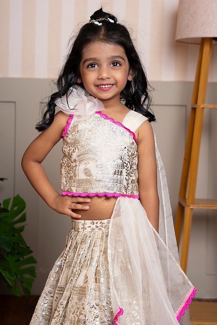 Cream & Pink Georgette Embroidered Flared Lehenga Set For Girls by Kirti Agarwal Pret n Couture at Pernia's Pop Up Shop