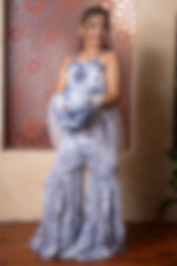 Blue Crepe Embroidered & Printed Sharara Set For Girls by Kirti Agarwal Pret n Couture at Pernia's Pop Up Shop