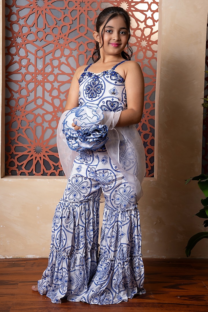 Blue Crepe Embroidered & Printed Sharara Set For Girls by Kirti Agarwal Pret n Couture at Pernia's Pop Up Shop