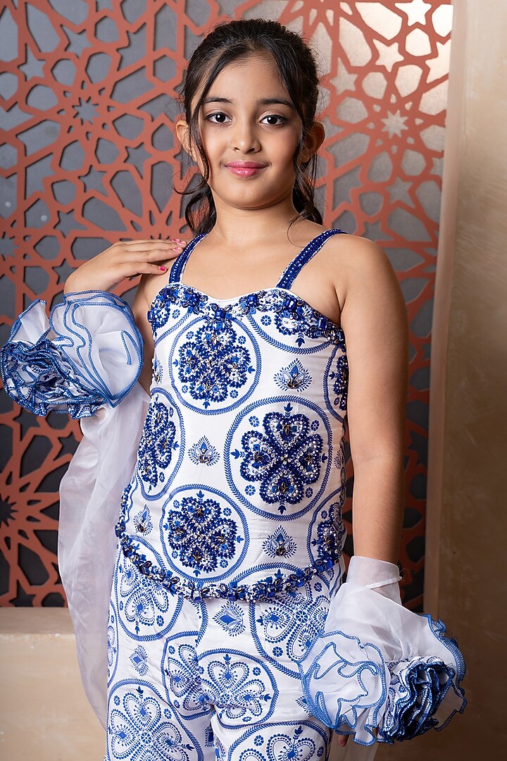Blue Crepe Embroidered & Printed Sharara Set For Girls by Kirti Agarwal Pret n Couture at Pernia's Pop Up Shop