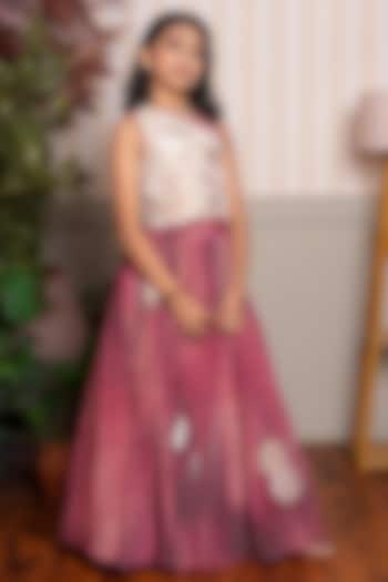 Pink & Beige Crush Tissue Embroidered Skirt Set For Girls by Kirti Agarwal Pret n Couture at Pernia's Pop Up Shop