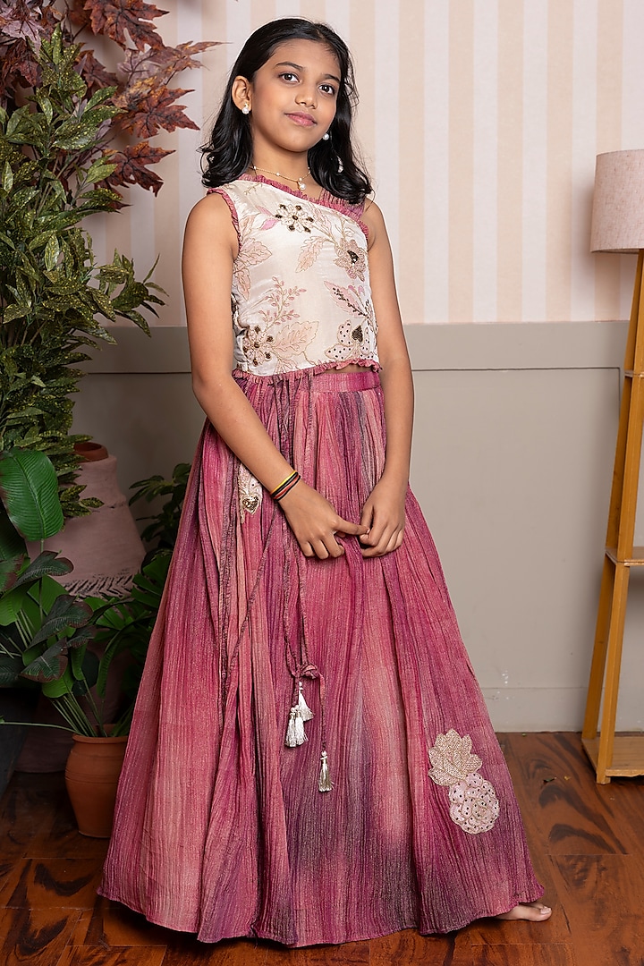 Pink & Beige Crush Tissue Embroidered Skirt Set For Girls by Kirti Agarwal Pret n Couture at Pernia's Pop Up Shop