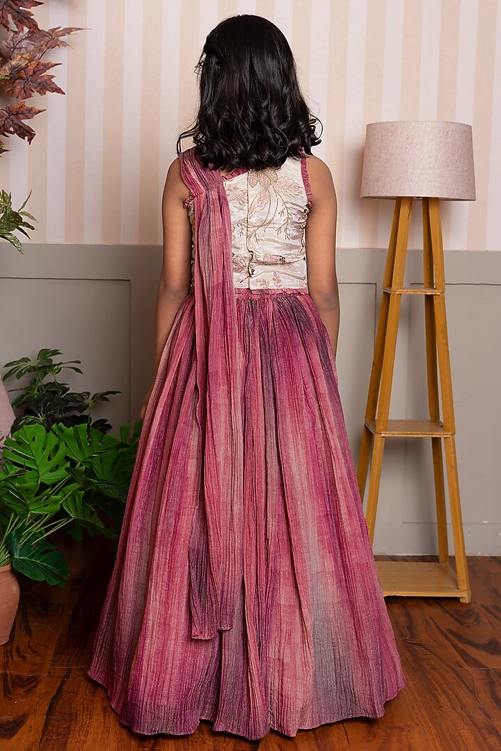 Pink & Beige Crush Tissue Embroidered Skirt Set For Girls by Kirti Agarwal Pret n Couture at Pernia's Pop Up Shop