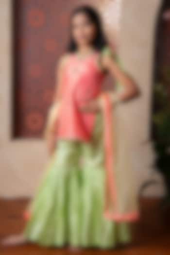 Lime Green Pure Silk & Organza Tiered Sharara Set For Girls by Kirti Agarwal Pret n Couture at Pernia's Pop Up Shop