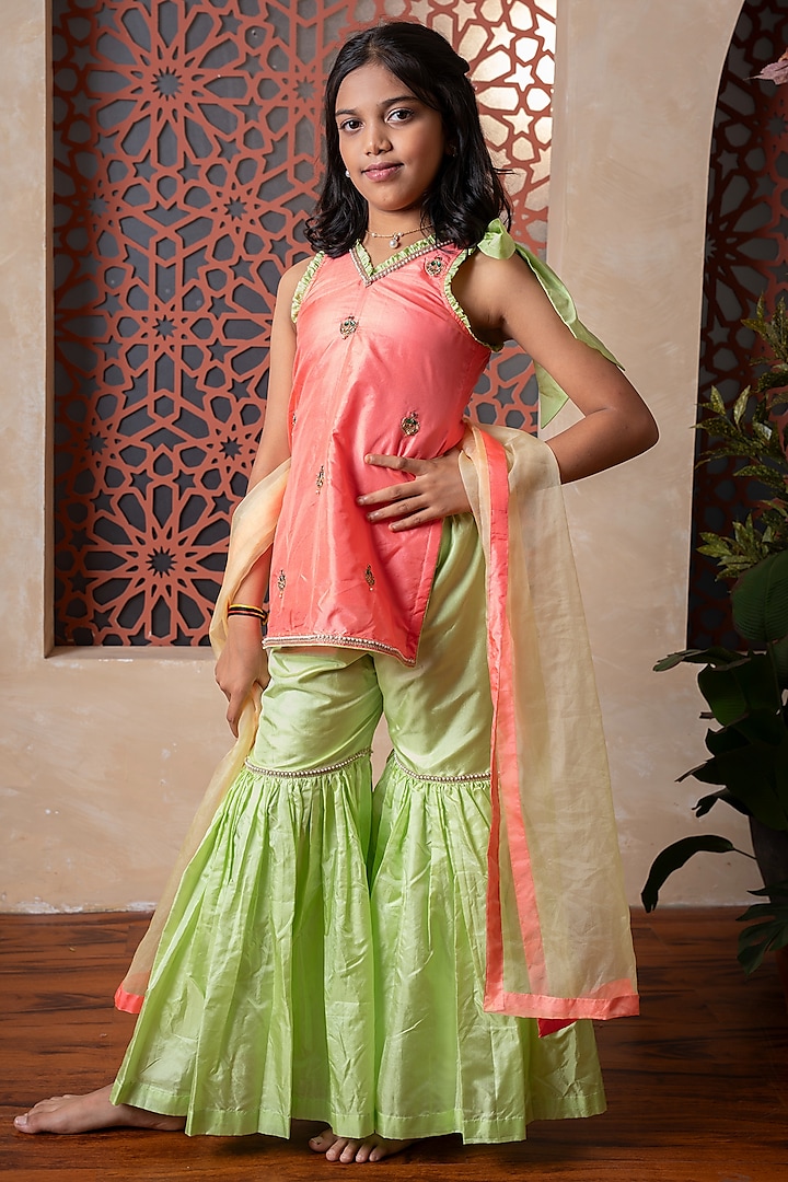 Lime Green Pure Silk & Organza Tiered Sharara Set For Girls by Kirti Agarwal Pret n Couture at Pernia's Pop Up Shop