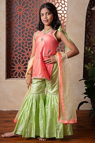 Lime Green Pure Silk & Organza Tiered Sharara Set For Girls by Kirti Agarwal Pret n Couture