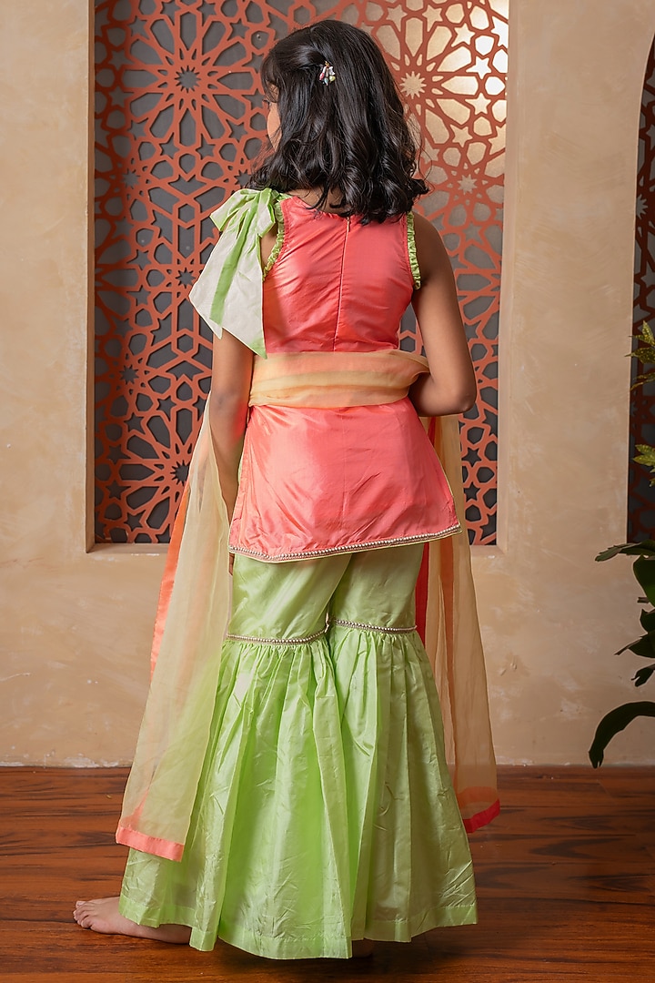 Lime Green Pure Silk & Organza Tiered Sharara Set For Girls by Kirti Agarwal Pret n Couture at Pernia's Pop Up Shop