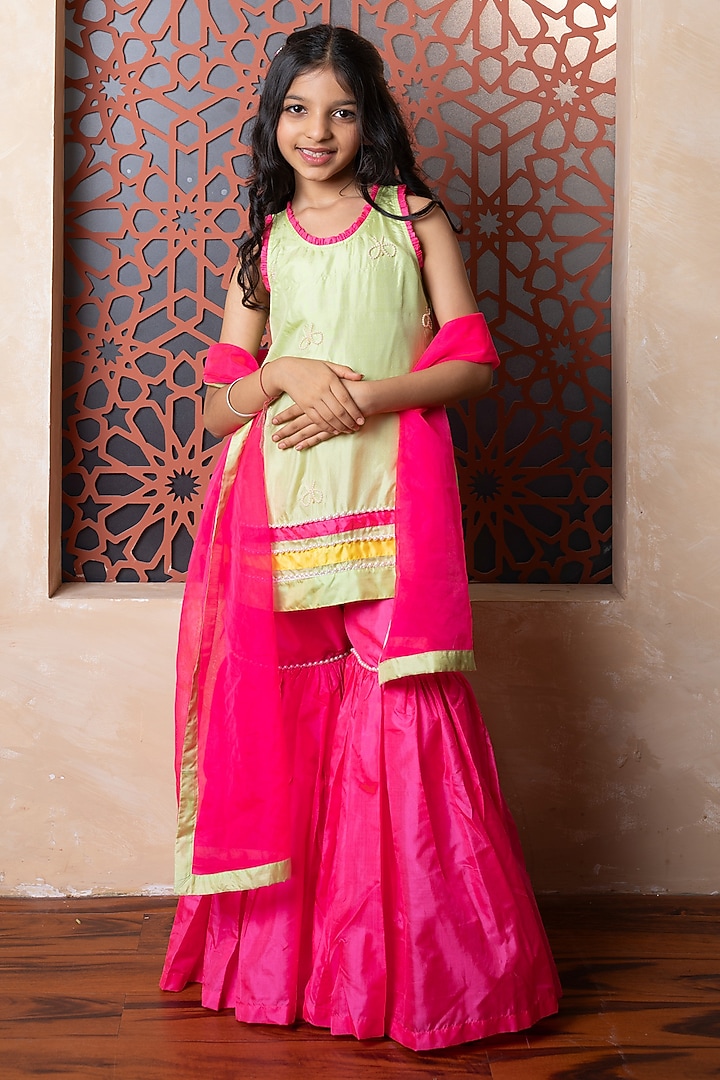 Bright Pink Pure Silk & Organza Flared Sharara Set For Girls by Kirti Agarwal Pret n Couture at Pernia's Pop Up Shop