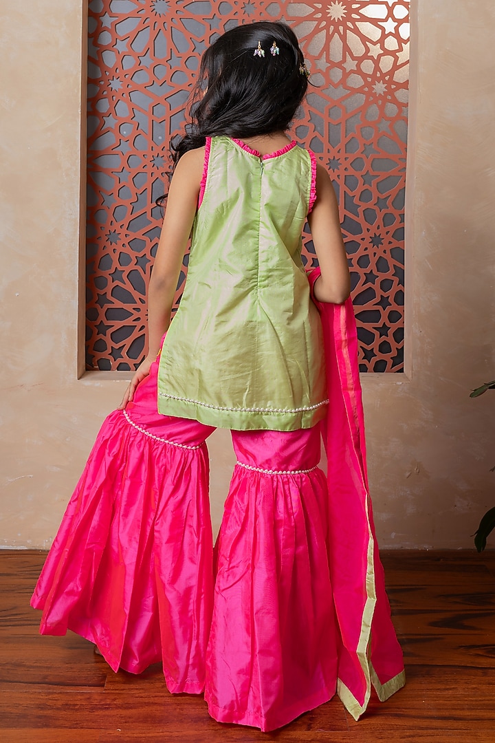 Bright Pink Pure Silk & Organza Flared Sharara Set For Girls by Kirti Agarwal Pret n Couture at Pernia's Pop Up Shop