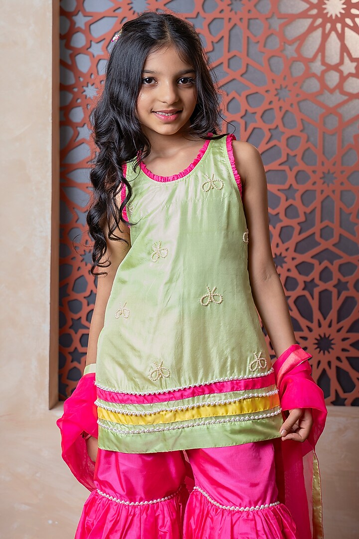 Bright Pink Pure Silk & Organza Flared Sharara Set For Girls by Kirti Agarwal Pret n Couture at Pernia's Pop Up Shop