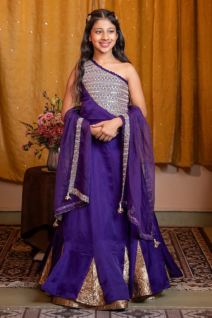 Purple Silk & Organza Lehenga Set For Girls by Kirti Agarwal Pret n Couture at Pernia's Pop Up Shop