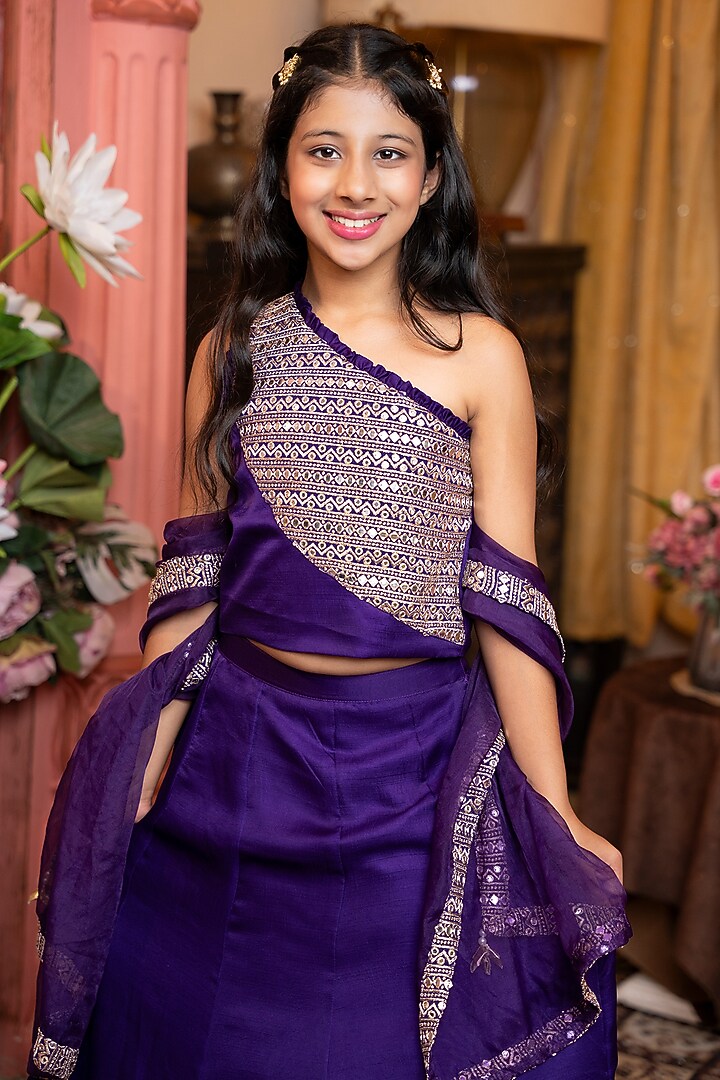 Purple Silk & Organza Lehenga Set For Girls by Kirti Agarwal Pret n Couture at Pernia's Pop Up Shop