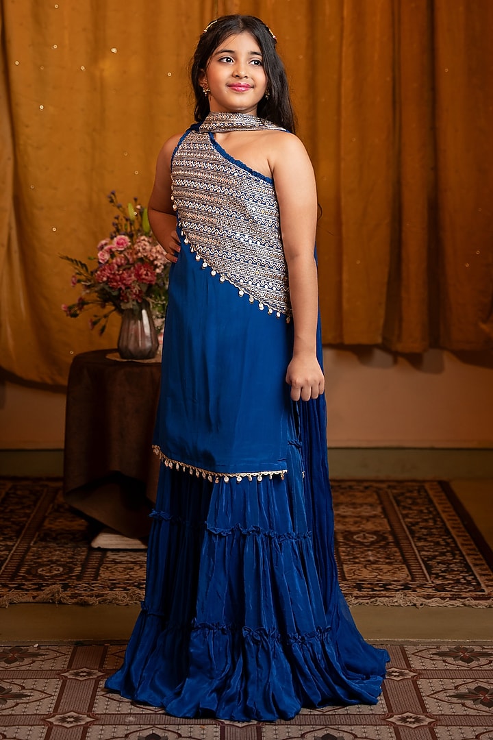 Royal Blue Crepe & Chiffon Lehenga Set For Girls by Kirti Agarwal Pret n Couture at Pernia's Pop Up Shop