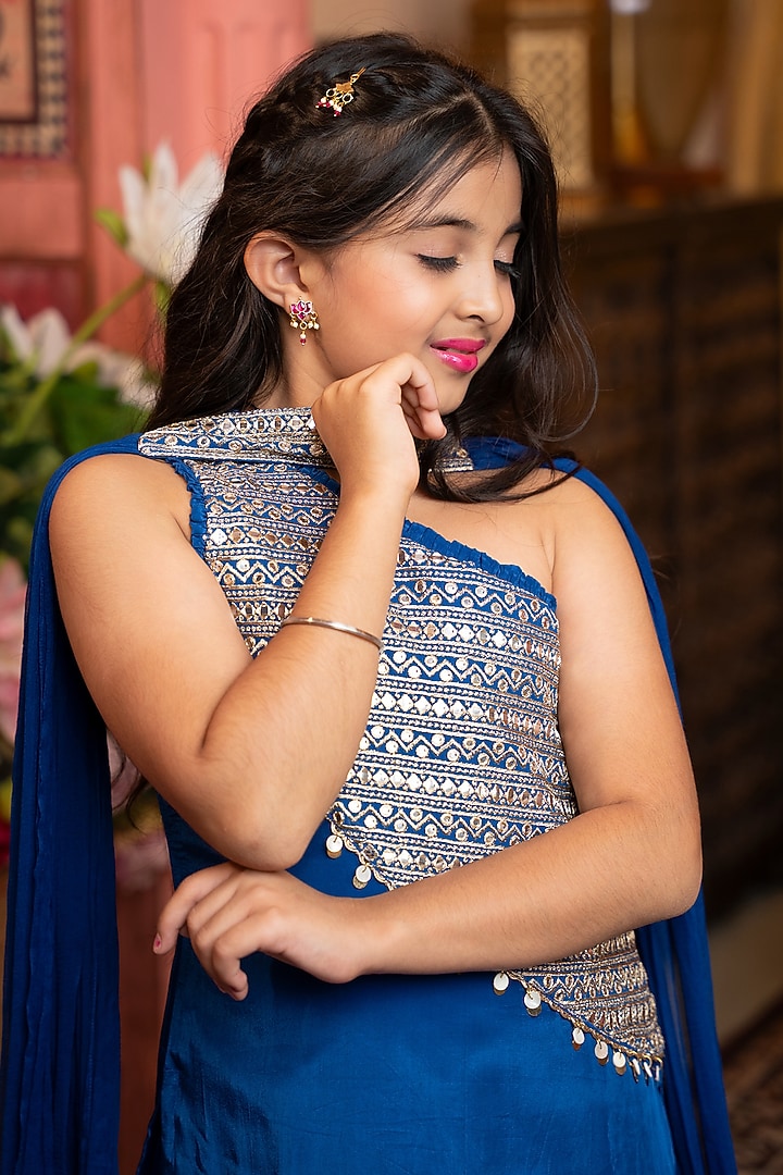 Royal Blue Crepe & Chiffon Lehenga Set For Girls by Kirti Agarwal Pret n Couture at Pernia's Pop Up Shop