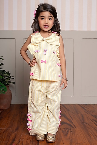 Yellow & White Pure Cotton Embroidered Co-Ord Set For Girls by Kirti Agarwal Pret n Couture