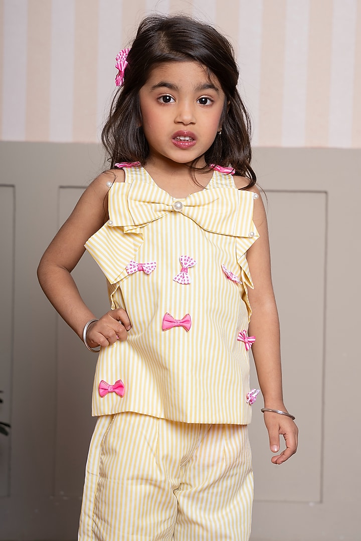 Yellow & White Pure Cotton Embroidered Co-Ord Set For Girls by Kirti Agarwal Pret n Couture at Pernia's Pop Up Shop