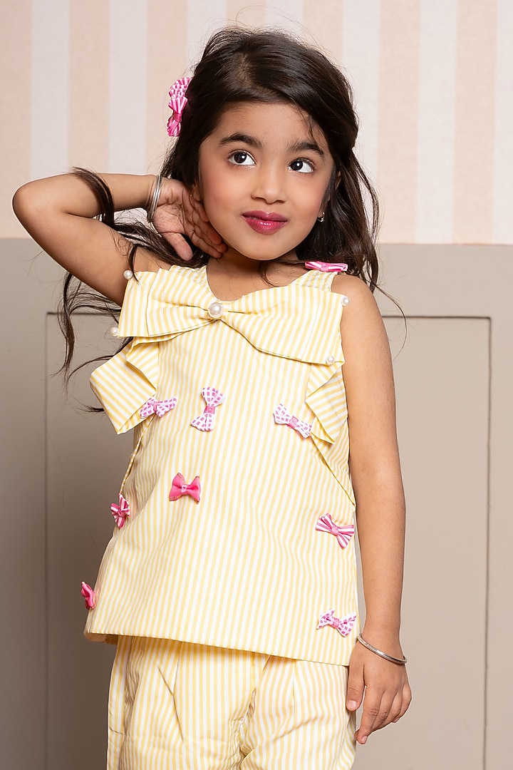 Yellow & White Pure Cotton Embroidered Co-Ord Set For Girls by Kirti Agarwal Pret n Couture at Pernia's Pop Up Shop