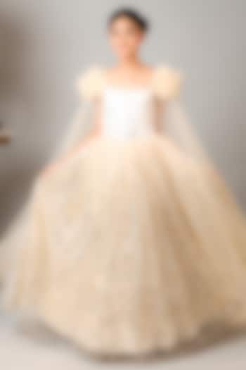 Champagne Gold Net & Silk Embellished Gown For Girls by Kirti Agarwal Pret n Couture at Pernia's Pop Up Shop