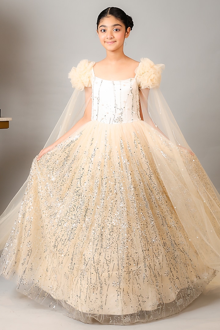 Champagne Gold Net & Silk Embellished Gown For Girls by Kirti Agarwal Pret n Couture at Pernia's Pop Up Shop