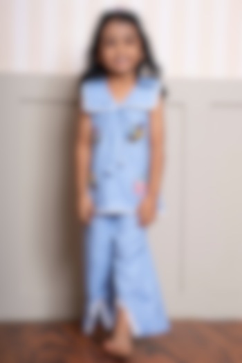 Blue & White Pure Cotton Embroidered Co-Ord Set For Girls by Kirti Agarwal Pret n Couture at Pernia's Pop Up Shop