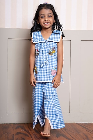 Blue & White Pure Cotton Embroidered Co-Ord Set For Girls by Kirti Agarwal Pret n Couture