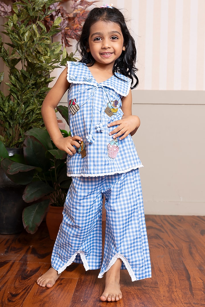Blue & White Pure Cotton Embroidered Co-Ord Set For Girls by Kirti Agarwal Pret n Couture at Pernia's Pop Up Shop