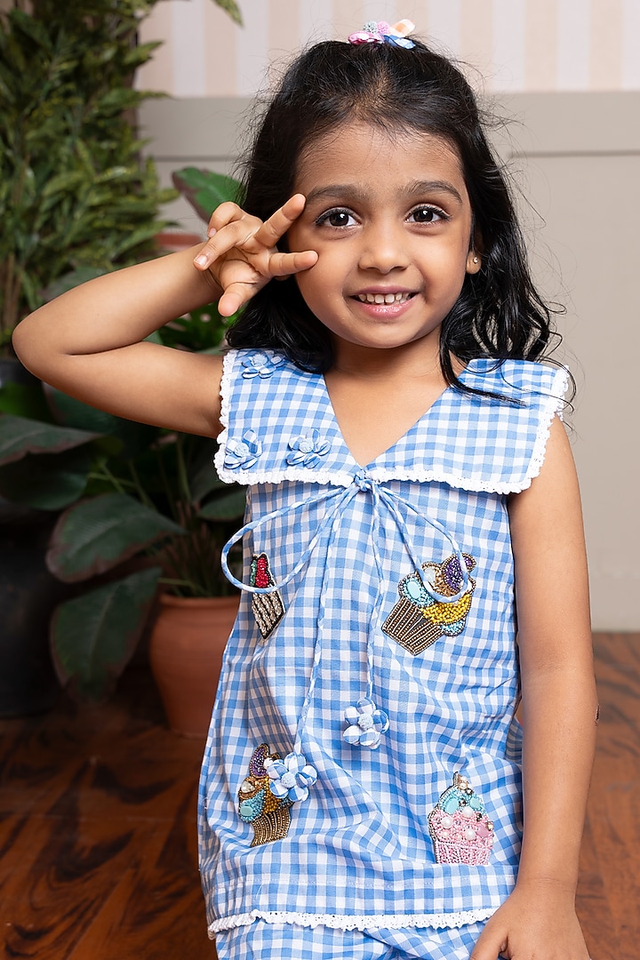 Blue & White Pure Cotton Embroidered Co-Ord Set For Girls by Kirti Agarwal Pret n Couture at Pernia's Pop Up Shop