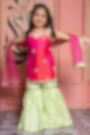 Lime Green Pure Silk & Organza Flared Sharara Set For Girls by Kirti Agarwal Pret n Couture at Pernia's Pop Up Shop